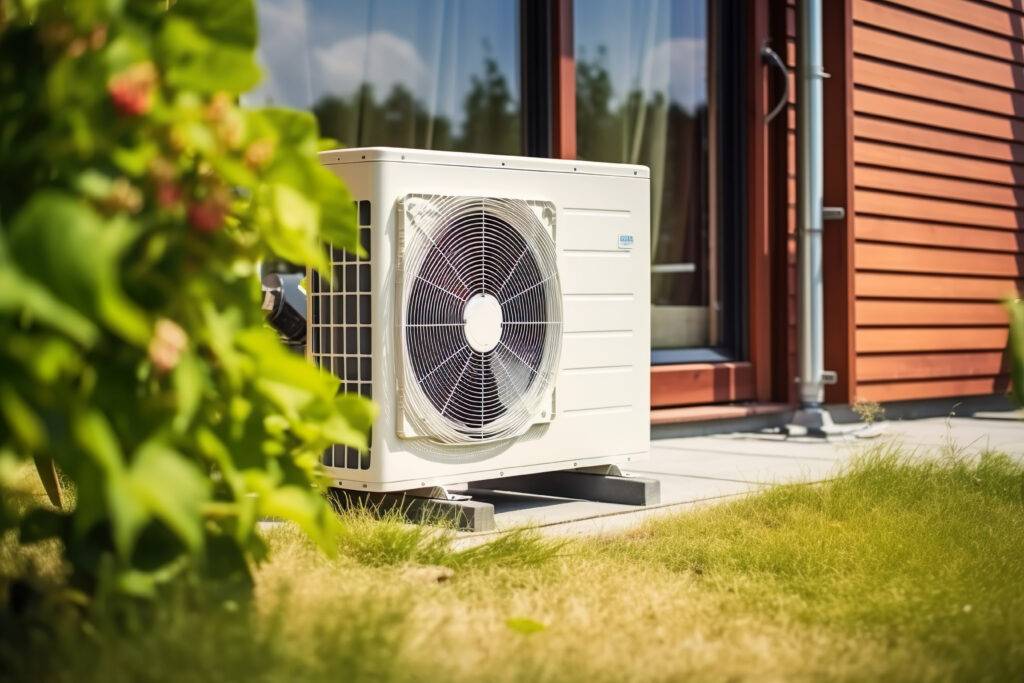 Wärmepumpe mit Photovoltaik im Grünen Außeneinheit vor Holzfassade - GffD
